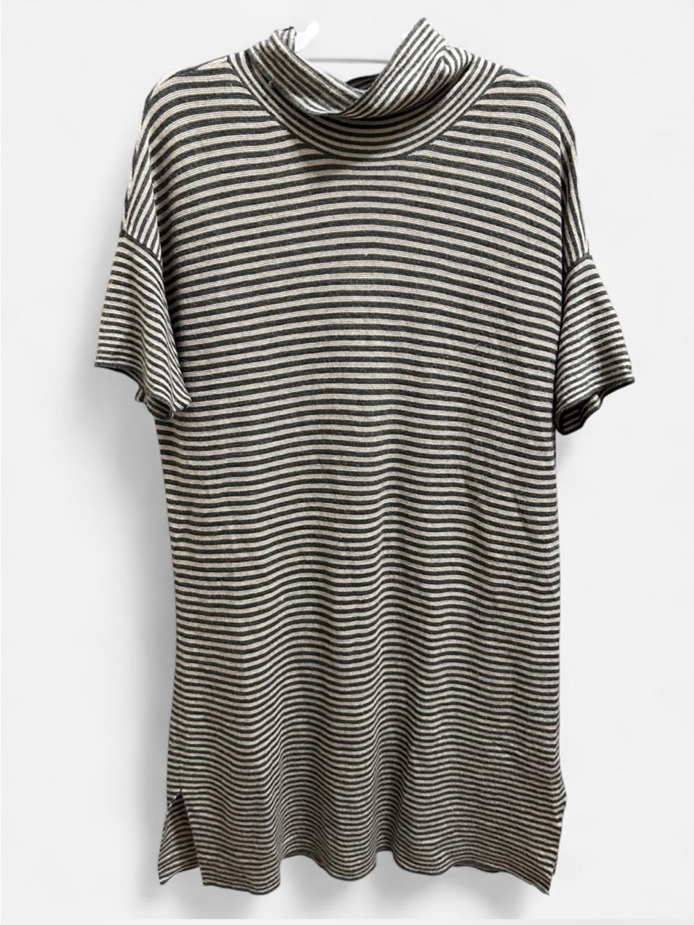 Eileen Fisher Striped Mock Neck Tunic Top XL Gray White Short Sleeve
